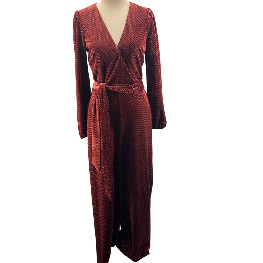 Lost + Wander Women Rust Velvet Textured Metallic‎ Wrap Wide Leg Jumpsuit Small